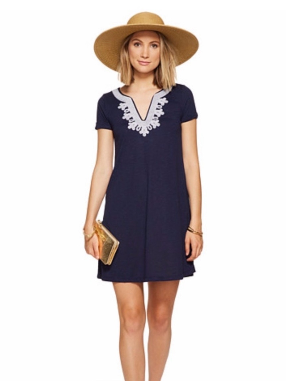 Lilly Pulitzer MAISY SWING T SHIRT DRESS True Navy Embroidered V-Neck Size M
